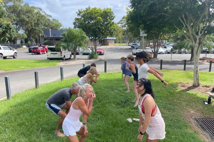 a group of people in a park